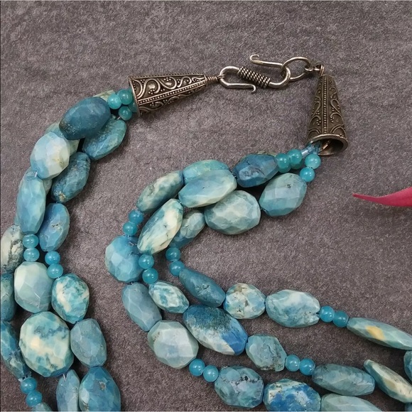 Handmade Blue Gemstone Multi Strand Geometric Shapes Necklace. 20” - Picture 5 of 9